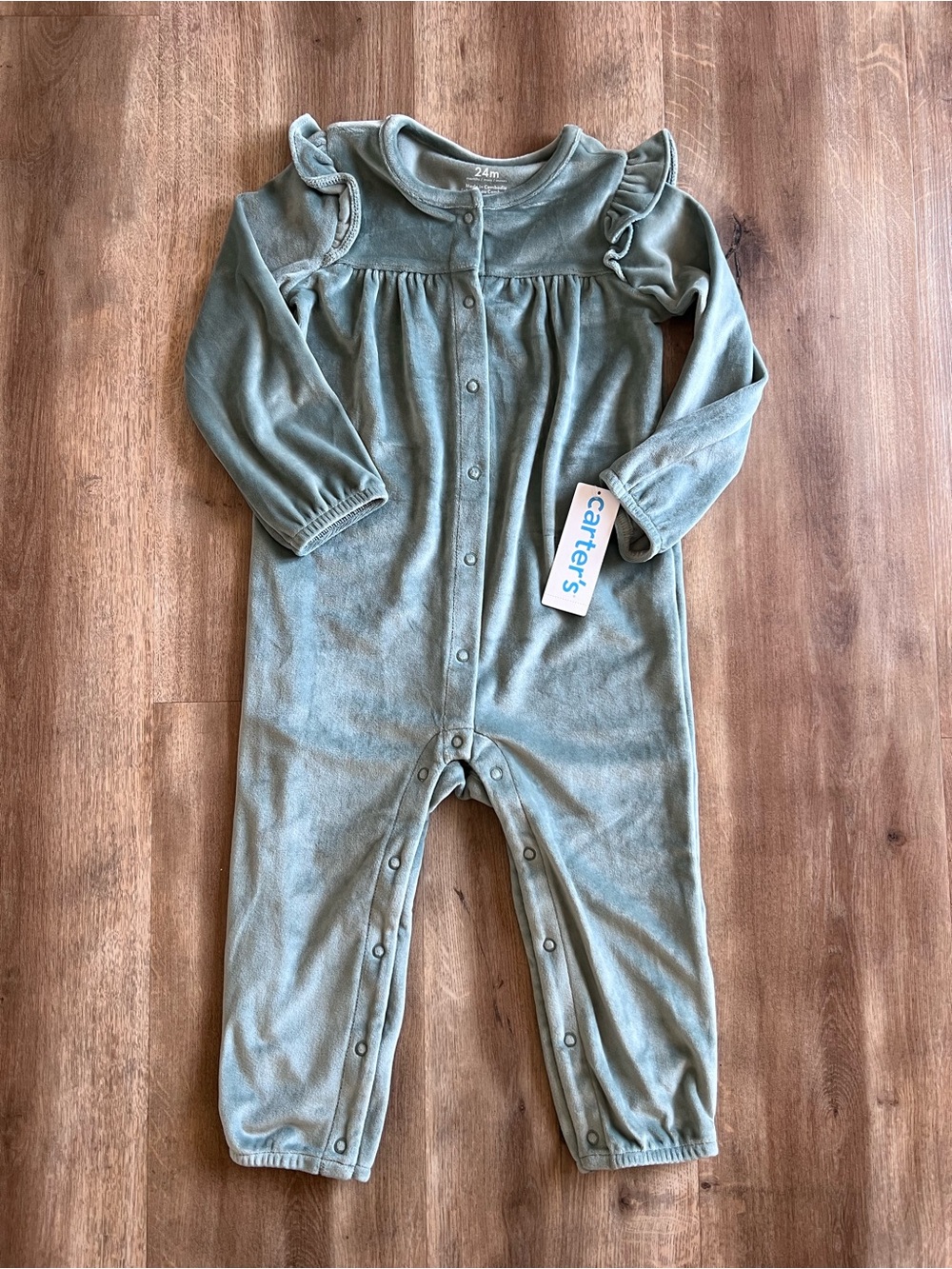 NWT Carter's Velour Dusty Blue Green Long-Sleeve One-Piece Bodysuit Baby 24m